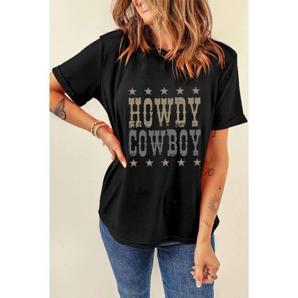 Black HOWDY COWBOY Star Print Crew Neck Loose T Shirt
