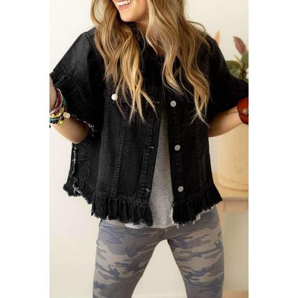 Black Raw Edge Ruffled Short Sleeve Denim Jacket