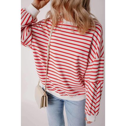Orange Stripe Drop Shoulder Crew Neck Loose Sweatshirt