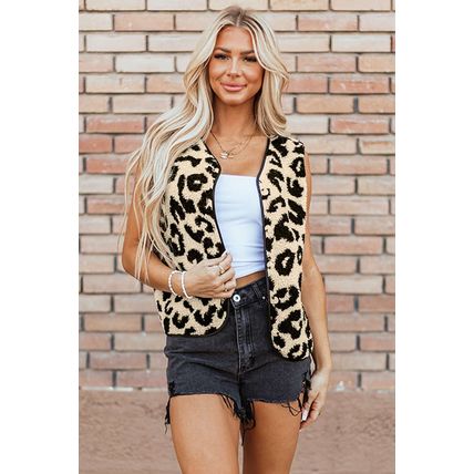 Black Leopard Print Sherpa Vest Coat