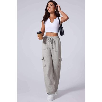 Light Grey Multi Pockets Lace-up High Waist Wide Leg Workout Pants