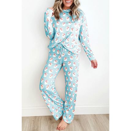 Sky Blue Santa Claus Striped Print Loose Fit Two Piece Lounge Set