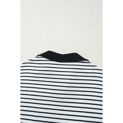 Black Stripe Collared Long Sleeve Top and Drawstring Shorts Set
