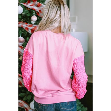 Pink Leopard Heart Graphic Sequin Patchwork Long Sleeve Valentines Top