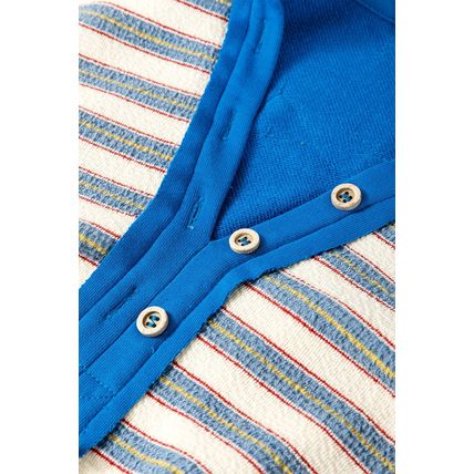 Blue Stripe Buttoned V Neck Collared Drop Shoulder Top