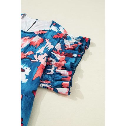 Blue Abstract Print Shirred Ruffled Short Sleeve Tiered Plus Size Mini Dress
