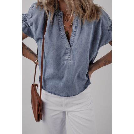 Dusk Blue V Neck Ruffled Short Puff Sleeve Denim Top