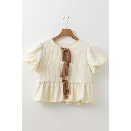 White Textured Bow Ties Front Bubble Hem Puff Short Sleeve Blouse