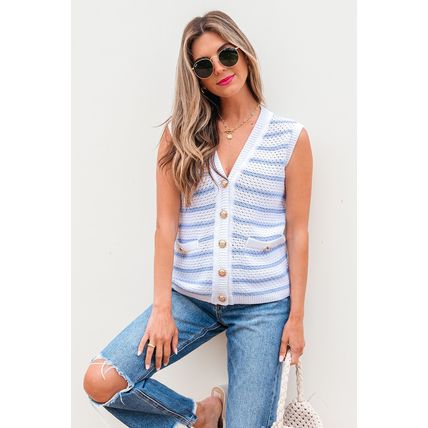 Sky Blue Stripe V Neck Gold Buttons Elegant Sweater Vest