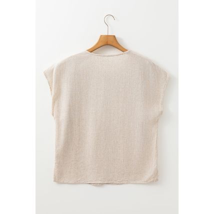 Jet Stream Geometric Embroidered Short Sleeve Tassel Tied V Neck Blouse