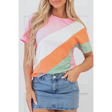 Pink Color Block Patchwork Seamed Crewneck T Shirt