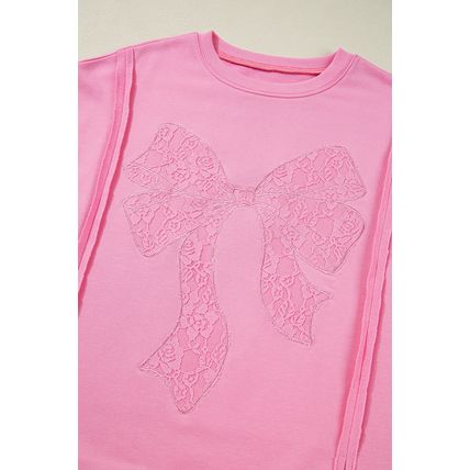 Bonbon Lace Insert Bow Embroidered Exposed Seam Sweatshirt