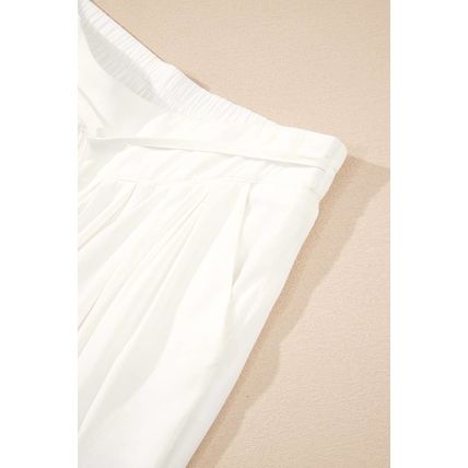 White Solid Drop Waist Pleated Wide Leg Casual Pants