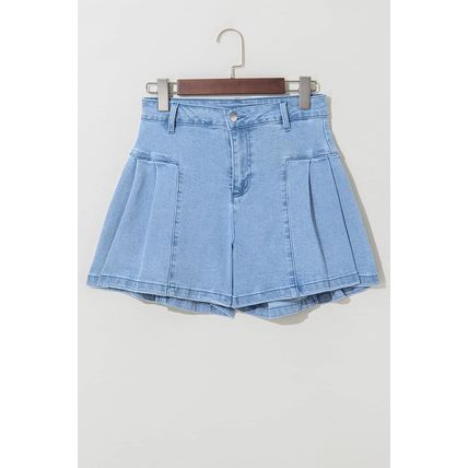 Dusk Blue Pleated Patchwork Wide Leg Lightweight Denim Shorts