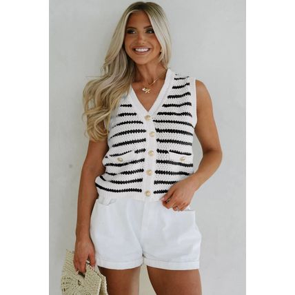 Black Stripe V Neck Gold Buttons Elegant Sweater Vest