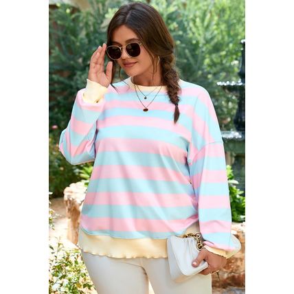 Sky Blue Stripe Drop Shoulder Crewneck Plus Size Sweatshirt