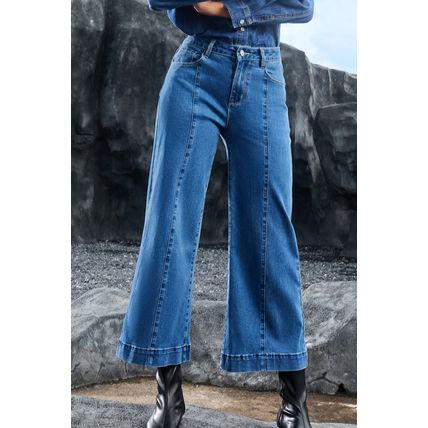 Dark Blue Plain Seam Detail Flared Bottom Ankle Length Jeans