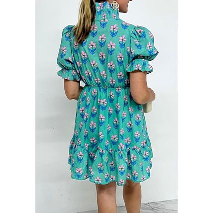 Green Floral Print Frilly Smocked Detail High Waist Mini Dress