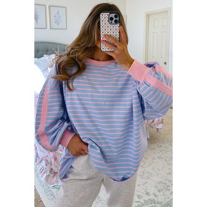 Sky Blue Stripe Oversize Contrast Trim Drop Shoulder Casual Top