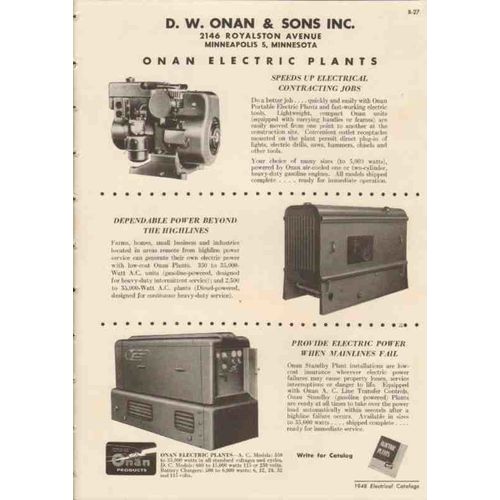d w onan sons inc 1948 electric power plants generator vintage catalog