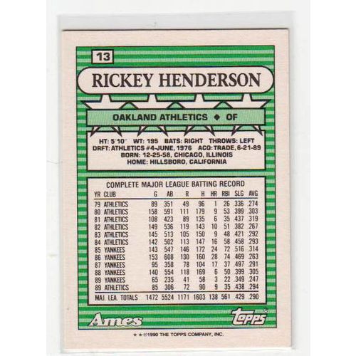 1990 Ames All Stars Rickey Henderson baseball card #13 –HOF- Oddball