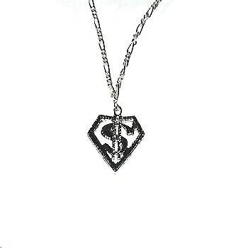 Silvertone Hip Hop Dollar Sign $ Pendant on Figaro Neck Chain