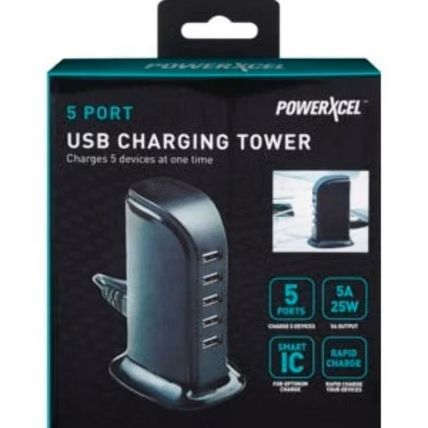 PowerXcel 5 Port Black USB Charging Tower Charge 5 Devices At One Time