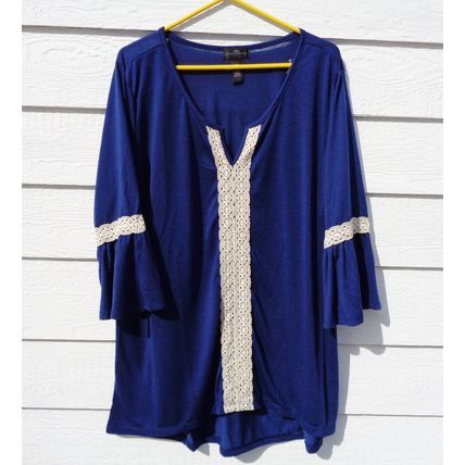 Womens Karen Brooks 2x Top Blue Lace Accent 48 Chest Boho Flare Sleeves