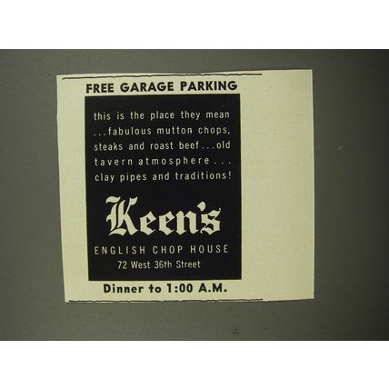 1953 Keen's English Chop House Ad - Free garage parking