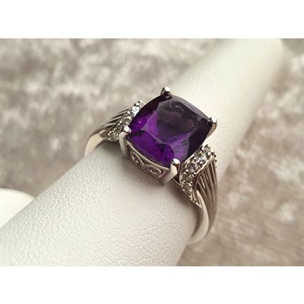 Lusaka Amethyst & White Zircon Solitaire Accents Ring Size R Platinum 925 Silver