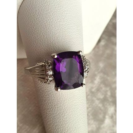 Lusaka Amethyst & White Zircon Solitaire Accents Ring Size R Platinum 925 Silver