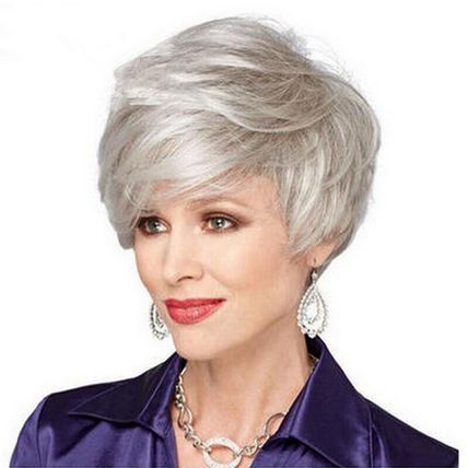 Wig Short Straight Silver Grey Classic Synthetic Hair Wigs Women Ladies