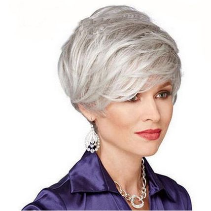 Wig Short Straight Silver Grey Classic Synthetic Hair Wigs Women Ladies