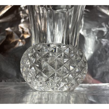 Vintage Clear Diamond Point Crystal Vase 5” Tall Footed Glass Bud Scalloped Top