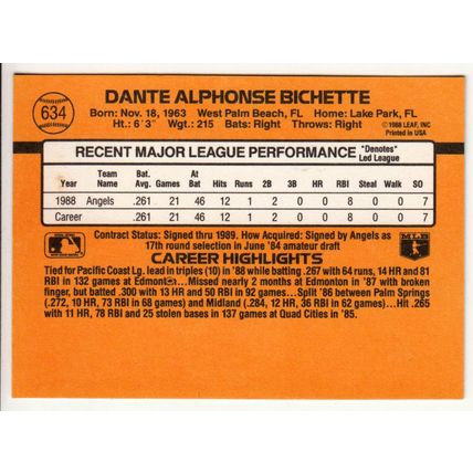 1989 Donruss Dante Bichette rookie baseball card #634 – *denotes*