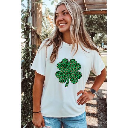 White Leopard Four Leaf Clover Graphic Tee