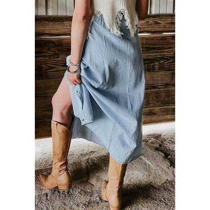 Mist Blue Fully Buttoned Long Denim Skirt