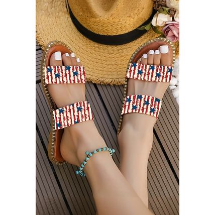 Fiery Red American Flag Print Double Band Flat Slippers