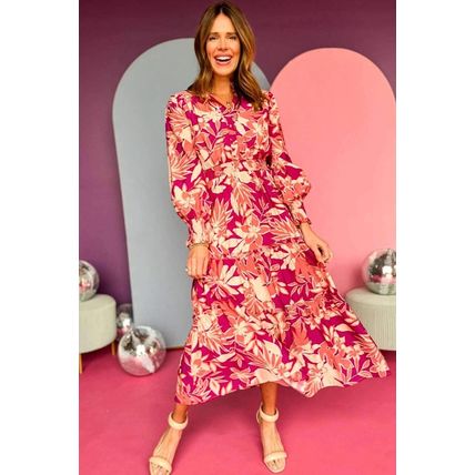 Rose Floral Print Buttoned Smocked High Waist Maxi Dress