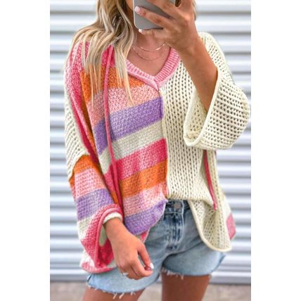 Pink Oversized Colorblock V Neck Hooded Sweater
