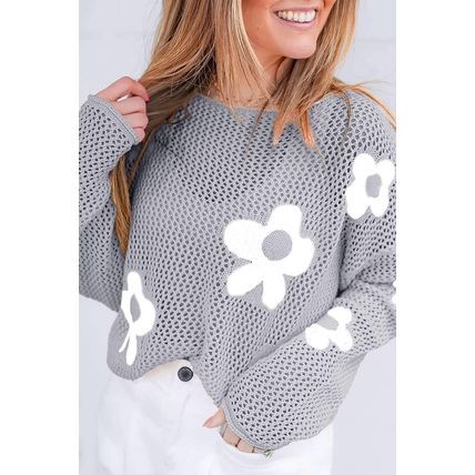 Light Grey Big Flower Hollowed Knit Drop Shoulder Sweater
