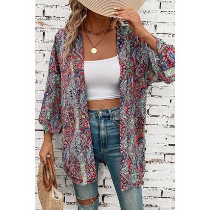 Red Paisley Print Open Front Kimono
