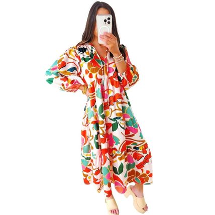 Orange Floral Print Split V Neck Tiered Maxi Dress