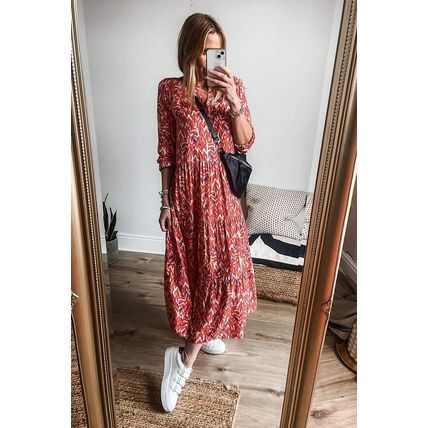 Orange Abstract Print V Neck Pleated High Waist Midi Dress