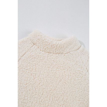 White Solid Fleece High Neck Drop Shoulder Pullover Sweatshirt