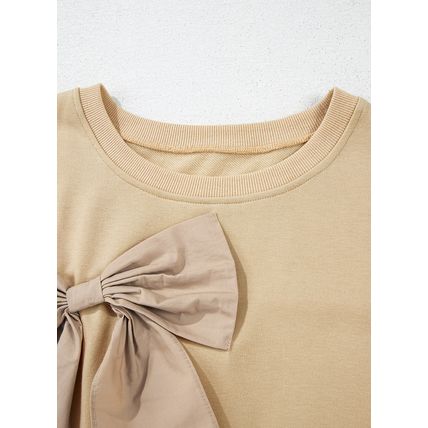 Parchment Ruffled Short Sleeve Bowknot Applique Crew Neck Plus Size Top