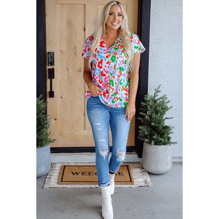 Green Contrast Leopard Print V Neck Short Sleeve Blouse