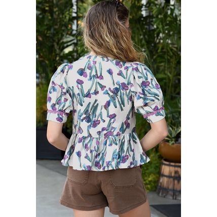 Purple Floral Ricrac Trim Half Sleeve Peplum Top