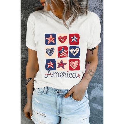 White American Heart Star Checkered Graphic Tee