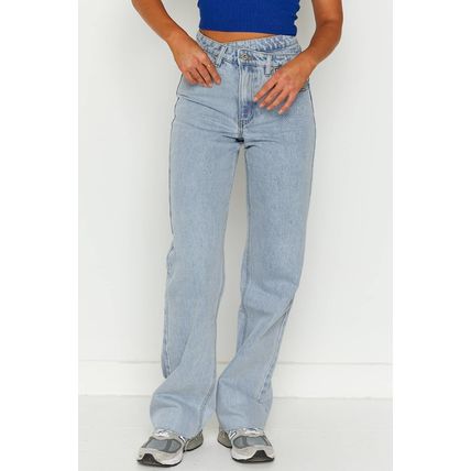 Sky Blue Mid Rise Asymmetrical Waist Wide Leg Jeans